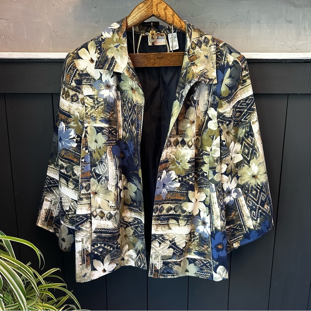 Alfred Dunner Floral Jacket Womens Size 22W Blue Open Blazer Lined Collared